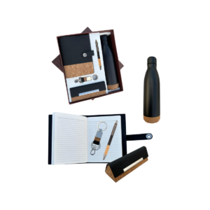 Gift Set ( 5-in-1) Hot & Cold Bottle -500 ML | Premium Notebook | Spectacle Case | Key Ring with Dog Hook | Black + Cork Ball Pen | Card Board Box