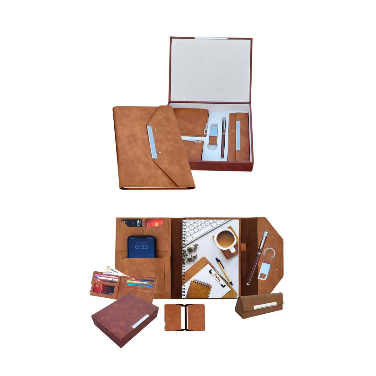 Gift Set ( 6-in-1) A 5 Wire-O Organiser | Spectacle Case | Mens Wallet | Card Case | Metal Roller Pen | Key Ring with Dog Hook Fitting