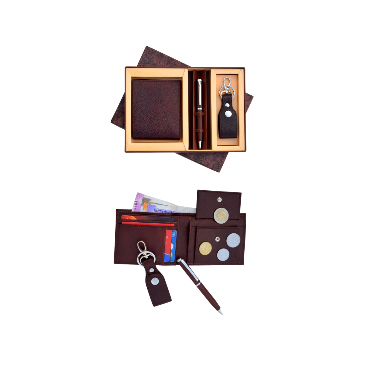 Gift Set ( 3-in-1) Gents Wallet | Key Ring with Dog Hook | Metal Ball Pen | Premium Card Board Box