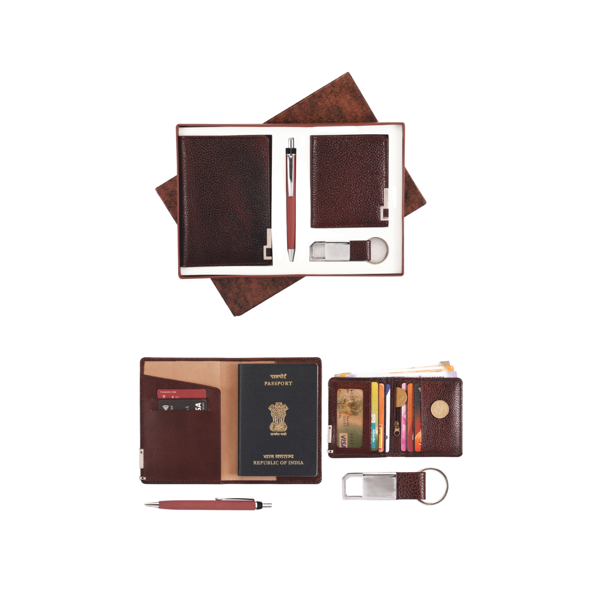 Gift Set ( 4-in-1) Passport Cover with card slots | Mini Unisex Wallet | Key Ring with Dog Hook | Metal Ball Pen | Card Board Box