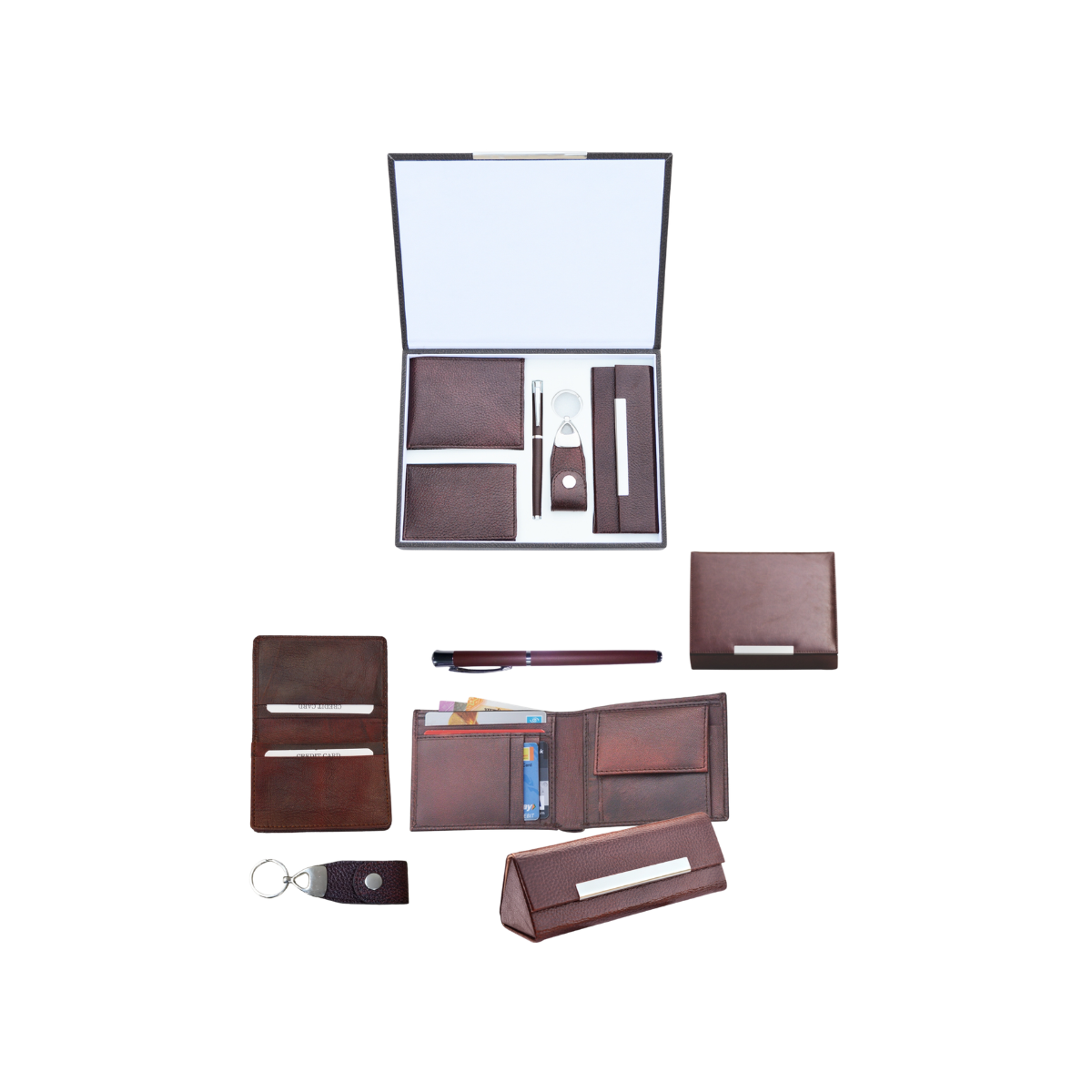 Gift Set ( 5-in-1) Spectacle Case | Gents Wallet | Card Holder | Key Ring | Metal Roller Pen | Premium Leatherette Box