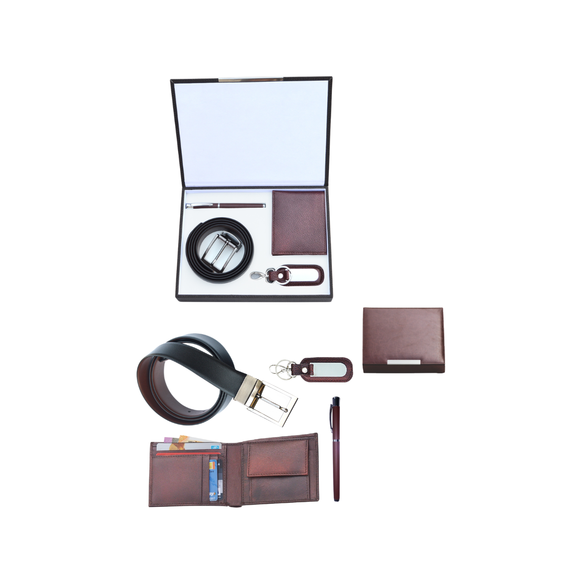 Gift Set ( 4-in-1) Reversible Belt | Gents Wallet | Key Ring with Dog Hook | Metal Roller Pen | Premium Leatherette Box