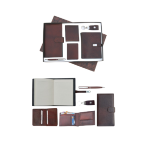 Gift Set ( 6-in-1) Passport & Cheque Book Holder | Premium Notebook | Gents Wallet | Card Holder | Key Ring | Metal Ball Pen