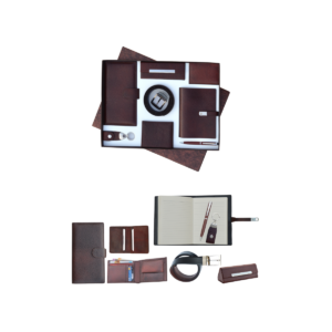Gift Set ( 8-in-1) Reversible Belt | Passport & Cheque Book Holder | Premium Notebook | Spectacle Case | Gents Wallet | Card Holder | Key Ring | Metal Ball Pen