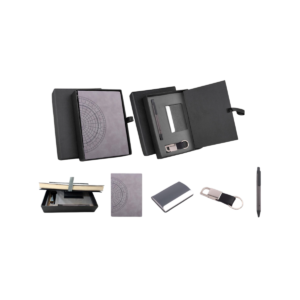 Compact 4 pc Gray gift set: A5 size Notebook, Metal pen, Metal
PU Keychain, Metal Card holder