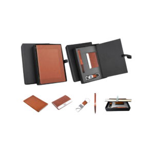 Compact 4 pc Tan gift set: A5 size Notebook, Metal pen, Metal
PU Keychain, Metal Card holder
