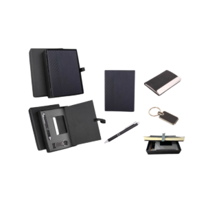 Compact 4 pc Black gift set: A5 size Notebook, Metal pen, Metal
PU Keychain, Metal Card holder