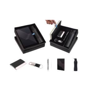 Compact 5 Pc Black Gift Set: A5 Size Notebook, Metal Pen,
Metal Pu Keychain, Metal Card Holder & Straight Steel Bottle