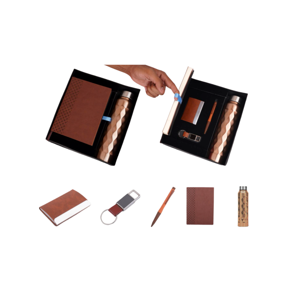 Compact 5 Pc Tan Gift Set: A5 Size Notebook, Metal Pen, Metal
Pu Keychain, Metal Card Holder & Prism Steel Bottle