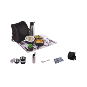 PIK-KIT: All in 1 Lunch box with 3 Microwaveable Steel
containers | Contains SS bottle, Fork, Spoon, Tablemat,
Premium Bag