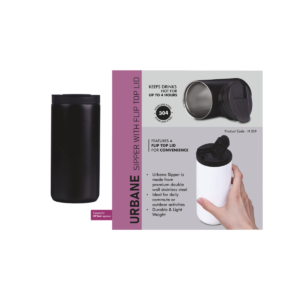 Urbane: Vacuumized mug sipper with flip top lid | Keeps hot for
4-6 hours | Capacity 375ml