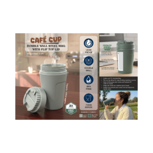 Cafe Cup: Double wall Insulated Steel mug with flip top lid |
Capacity 400ml approx