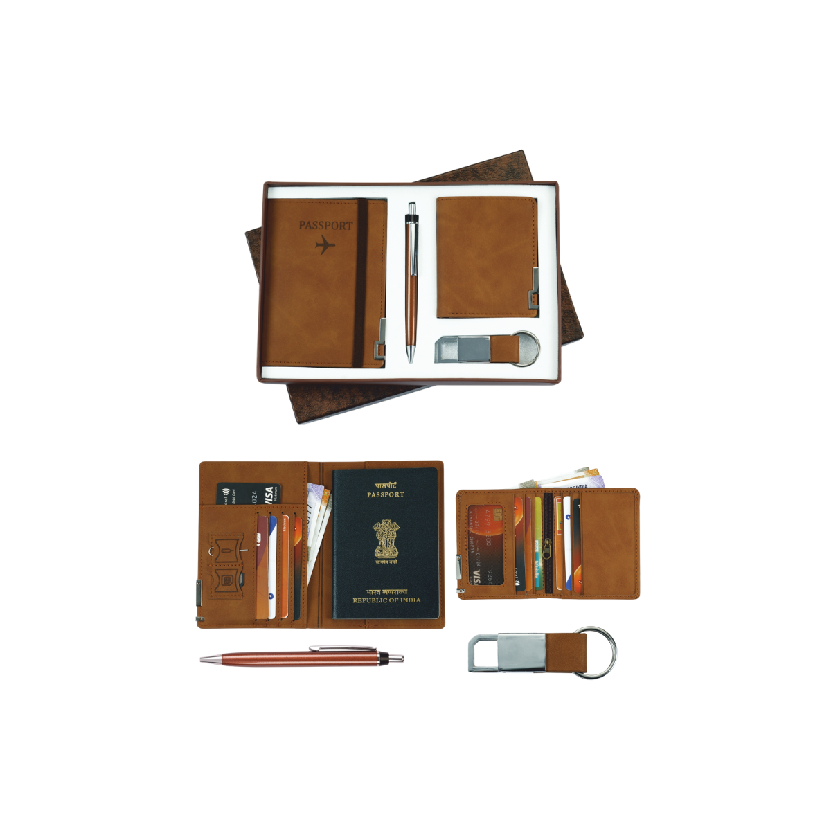 Gift Set ( 4-in-1) Passport Cover | Wallet | Key Ring with Dog Hook Fitting