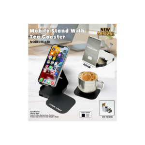 Mobile Stand with Tea Coaster Combo, Foldable Metal Design & Anti-Slip Base