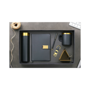 Luxury Black & Gold Corporate Gift Set – 6-in-1 Executive Kit with Notebook, Bottle, Mug, Pen, Keychain & Accessories