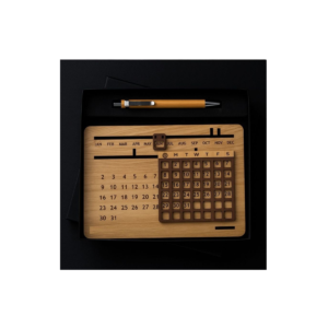 Premium Wooden Perpetual Desk Calendar with Pen – Reusable Office Table Organizer