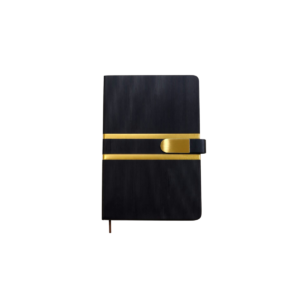 Premium Textured Leatherette Organizer Diary with Gold Metal Strap Closure – Black Executive Notebook