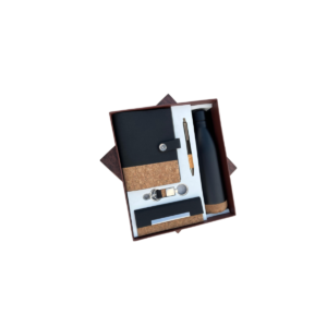 Gift Set ( 5-in-1) Hot & Cold Bottle -500 ML | Premium Notebook | Spectacle Case | Key Ring with Dog Hook | Black + Cork Ball Pen | Card Board Box