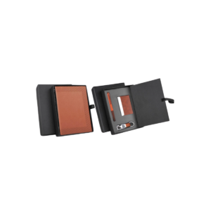 Compact 4 pc Tan gift set: A5 size Notebook, Metal pen, Metal
PU Keychain, Metal Card holder