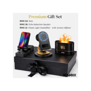 RMX Premium Lifestyle Combo – Boss Gift Set, Echo Induction Speaker & Flame Light Humidifier with Aroma Diffuser