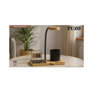 Auburn Bamboo Desk Organizer with LED Lamp, Clock & Pen Holder – Multi-Functional USB Charging Workstation