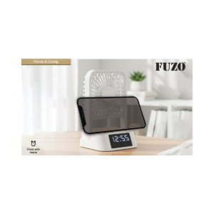 FUZO Gale 5-in-1 Desk Fan with Clock, Alarm & Mobile Stand, USB Rechargeable Portable Cooling Fan with Adjustable Angles for Home & Office