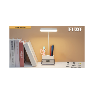FUZO Ray LED Desk Lamp with Digital Clock, Pen Stand & Mobile Holder, Rechargeable Battery, Adjustable Brightness