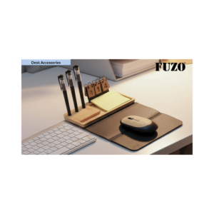 FUZO EcoBundle Bamboo Desk Organizer Set with Wireless Mouse Pad, Pen Stand, Sticky Notes & Perpetual Calendar