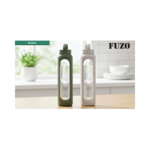 FUZO Nudge Borosilicate Glass Water Bottle with Time Marker, Hydration Reminder Scale, Leak-Proof Lid