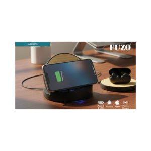 FUZO Bolt Wireless Charging Hub with Mobile Stand, Bamboo Finish, USB & Type-C Ports, Fast Charging
