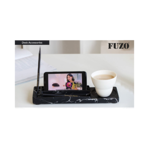 FUZO Brik Concrete Desk Organizer with Mobile Stand, Pen Holder, Cable Slots & Cup Holder, Modern Workspace Organizer for Office & Home Desk
