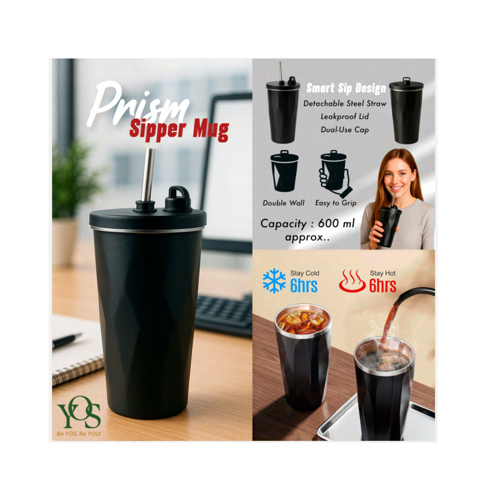 Prism Sipper Mug 600ml Insulated Travel Cup with Straw Lid Leakproof Double Wall Hot Cold