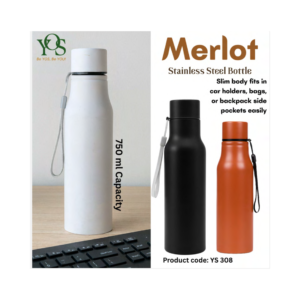 Merlot Stainless Steel Bottle 750ml Slim Design Leakproof Insulated Travel Flask with Carry Strap Durable Bottle
